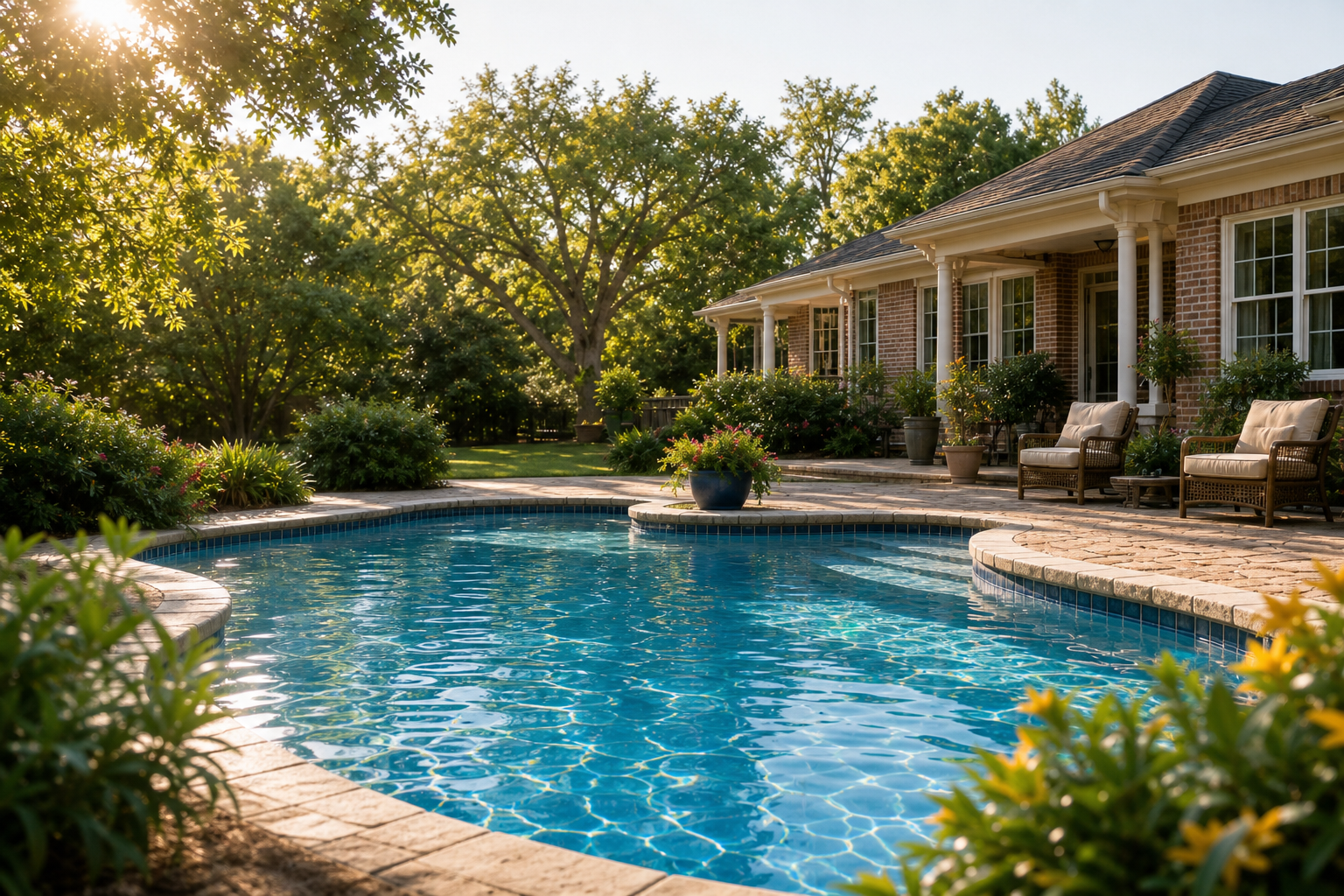 A clear inground swimming pool beside a Louisiana-style home